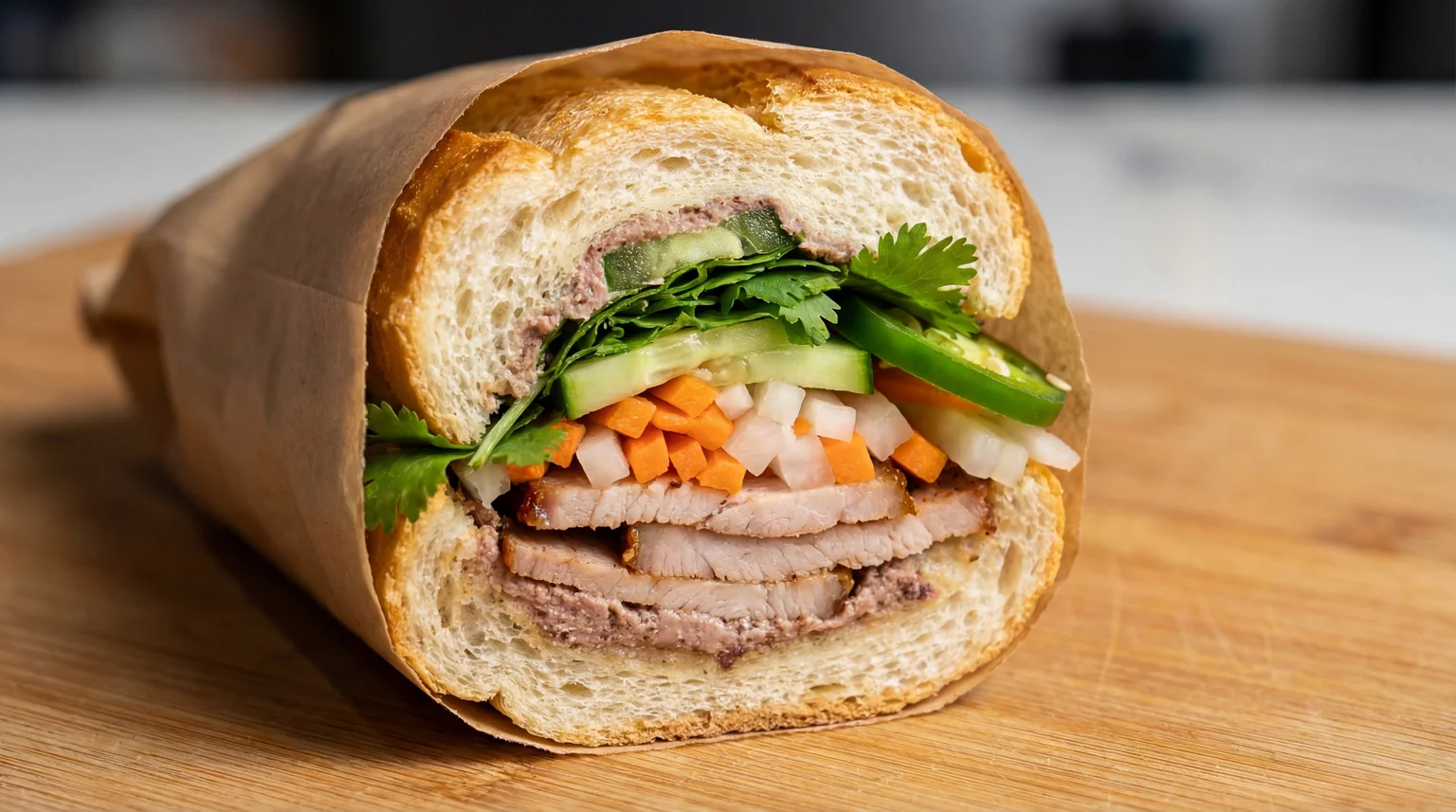 Cross-section of a Vietnamese Banh Mi sandwich showing fresh ingredients and crispy baguette.