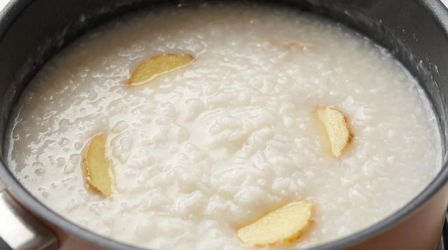 Simmering Cantonese rice congee in black pot with fresh ginger slices, showing creamy porridge texture during cooking process