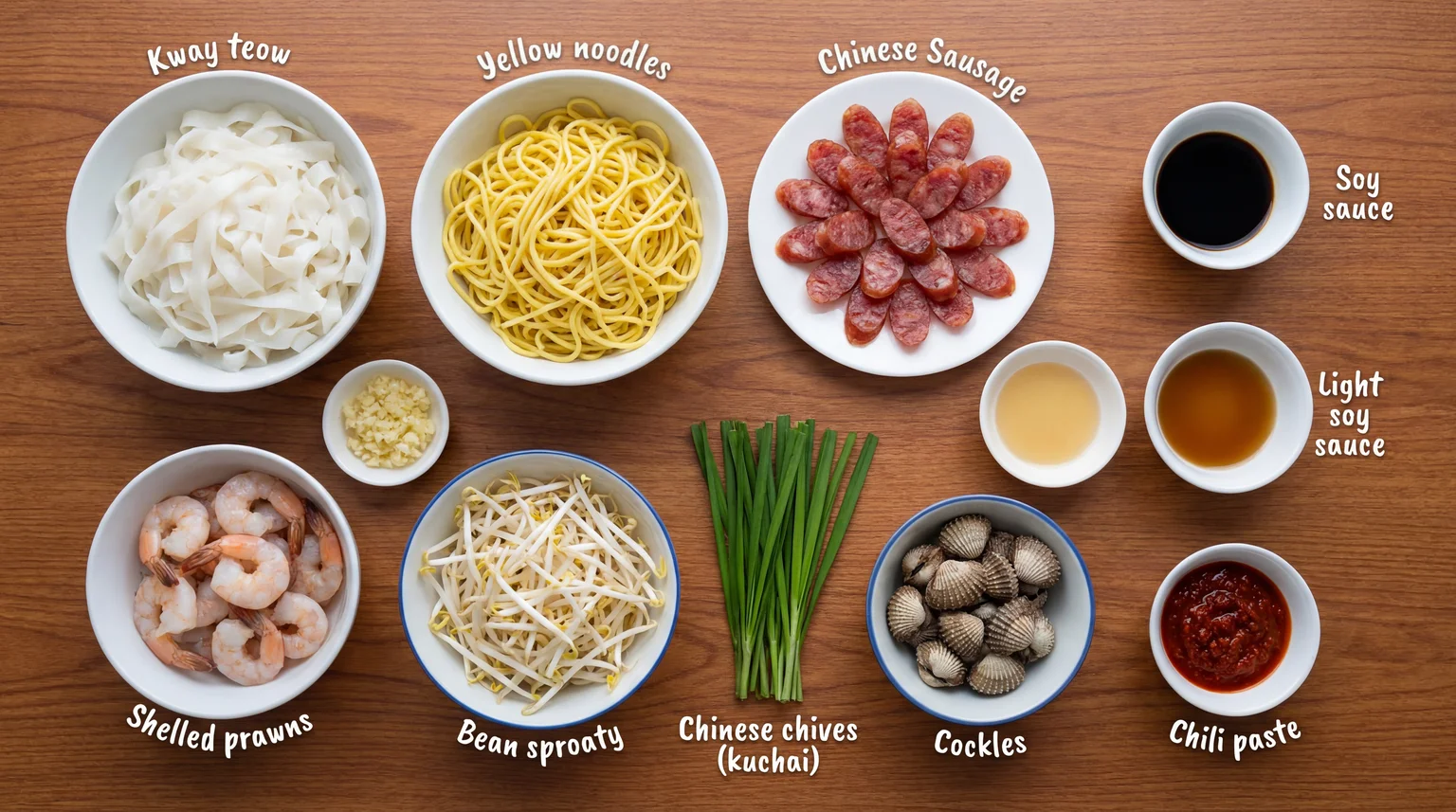 Char Kway Teow ingredients flat lay: flat rice noodles, yellow noodles, Chinese sausage, prawns, cockles, bean sprouts, chives, garlic, soy sauces, and chili paste on wooden board
