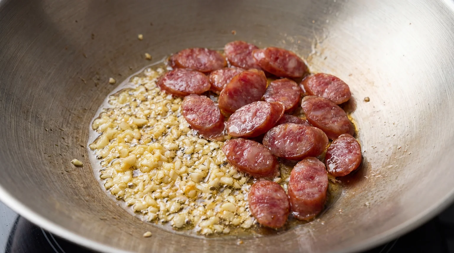 Sliced Chinese sausage (lap cheong) and minced garlic frying in hot wok with oil for Char Kway Teow base