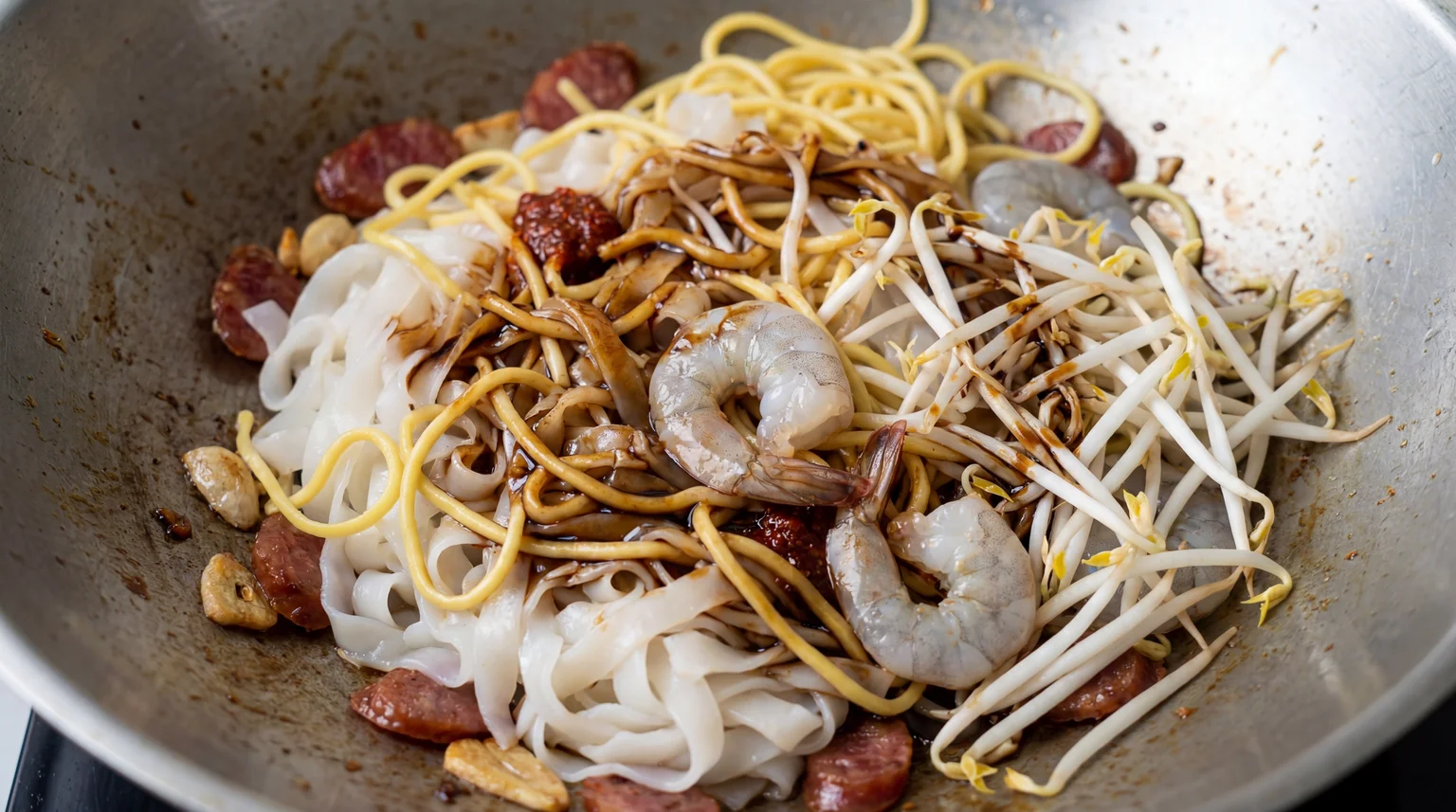 Mixed noodles, raw prawns, and bean sprouts stir-frying in wok with Chinese sausage and dark soy sauce for Char Kway Teow