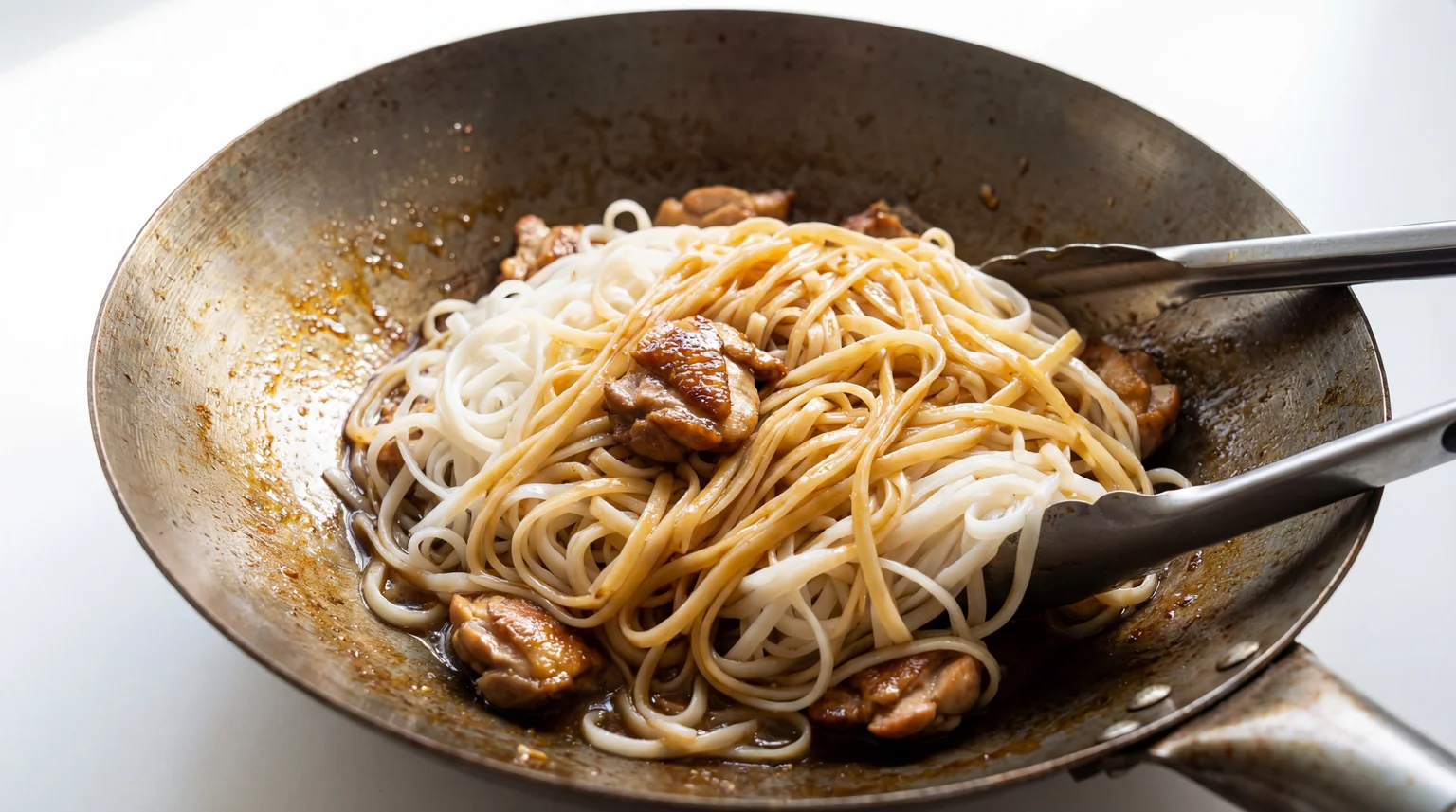 Metal tongs tossing white rice noodles with chicken and savory sauce in carbon steel wok, cooking Filipino Chicken Pancit Canton stir-fry, glossy noodle texture