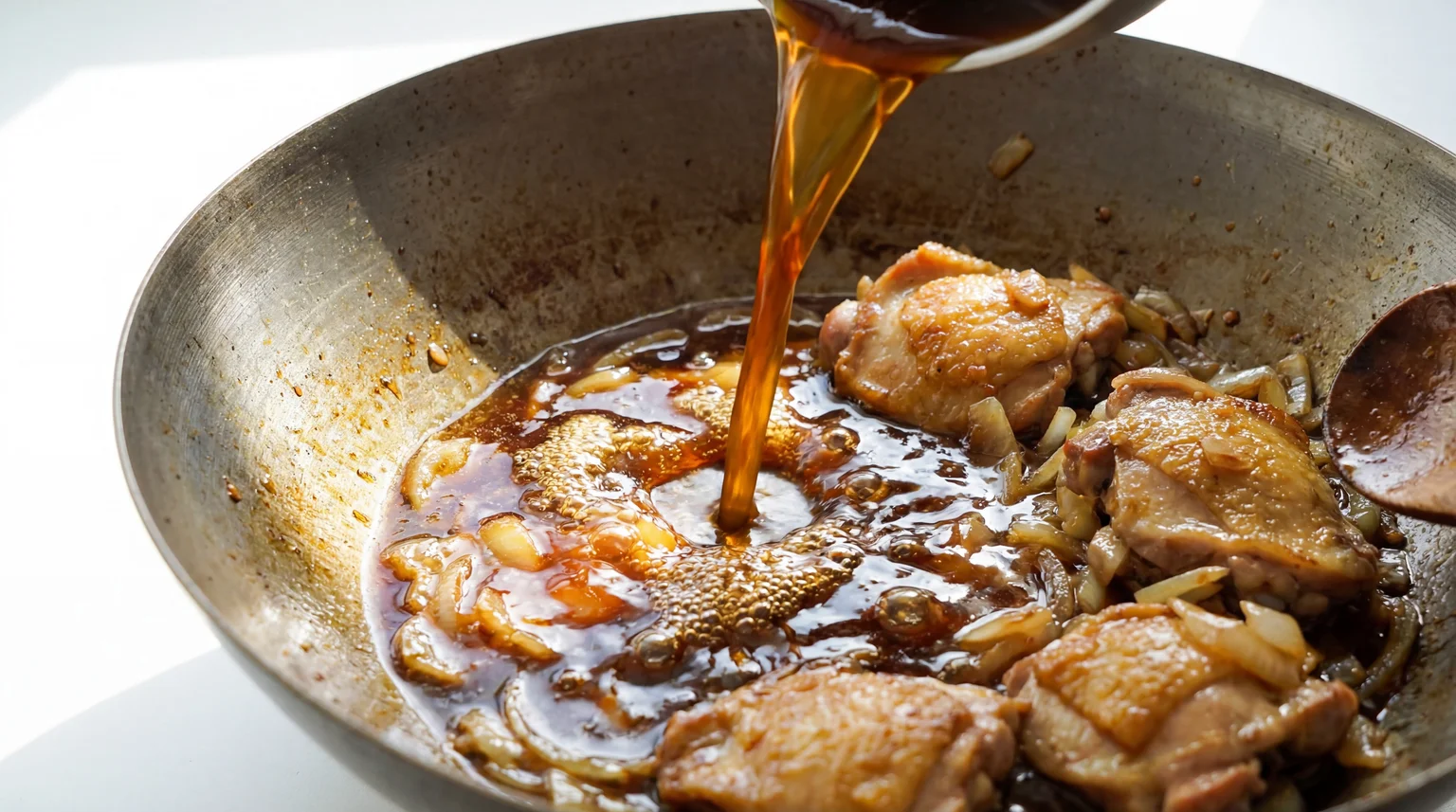 Dark soy sauce and chicken broth pouring into carbon steel wok with golden seared chicken thighs and sautéed onions, building savory sauce for Filipino panci