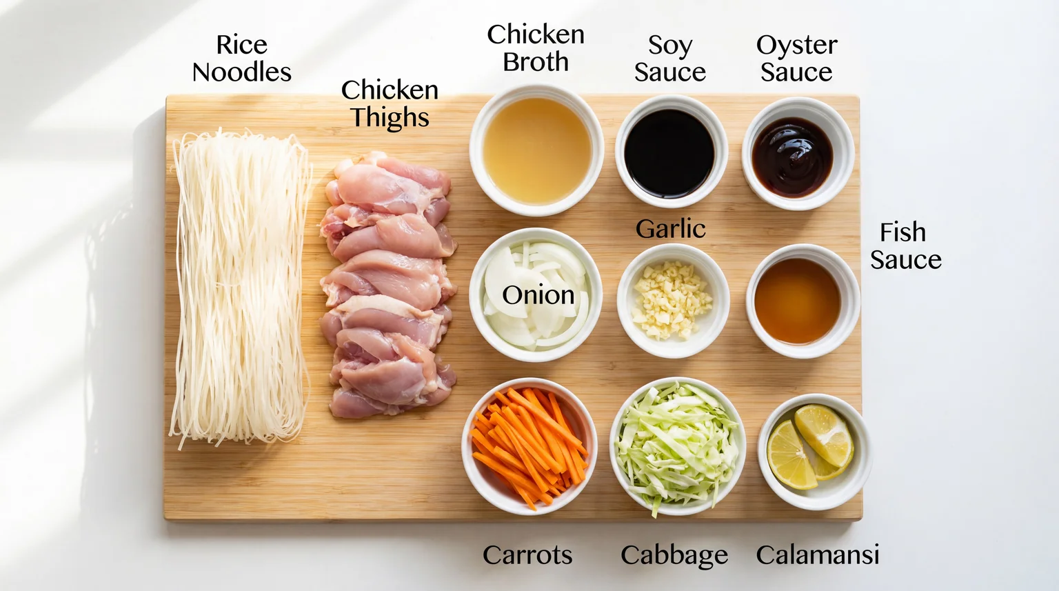 Mise en place ingredients for Filipino Chicken Pancit recipe: rice noodles, raw chicken thighs, chicken broth, soy sauce, oyster sauce, fish sauce, onion, garlic, carrots, cabbage, and calamansi on bamboo cutting board