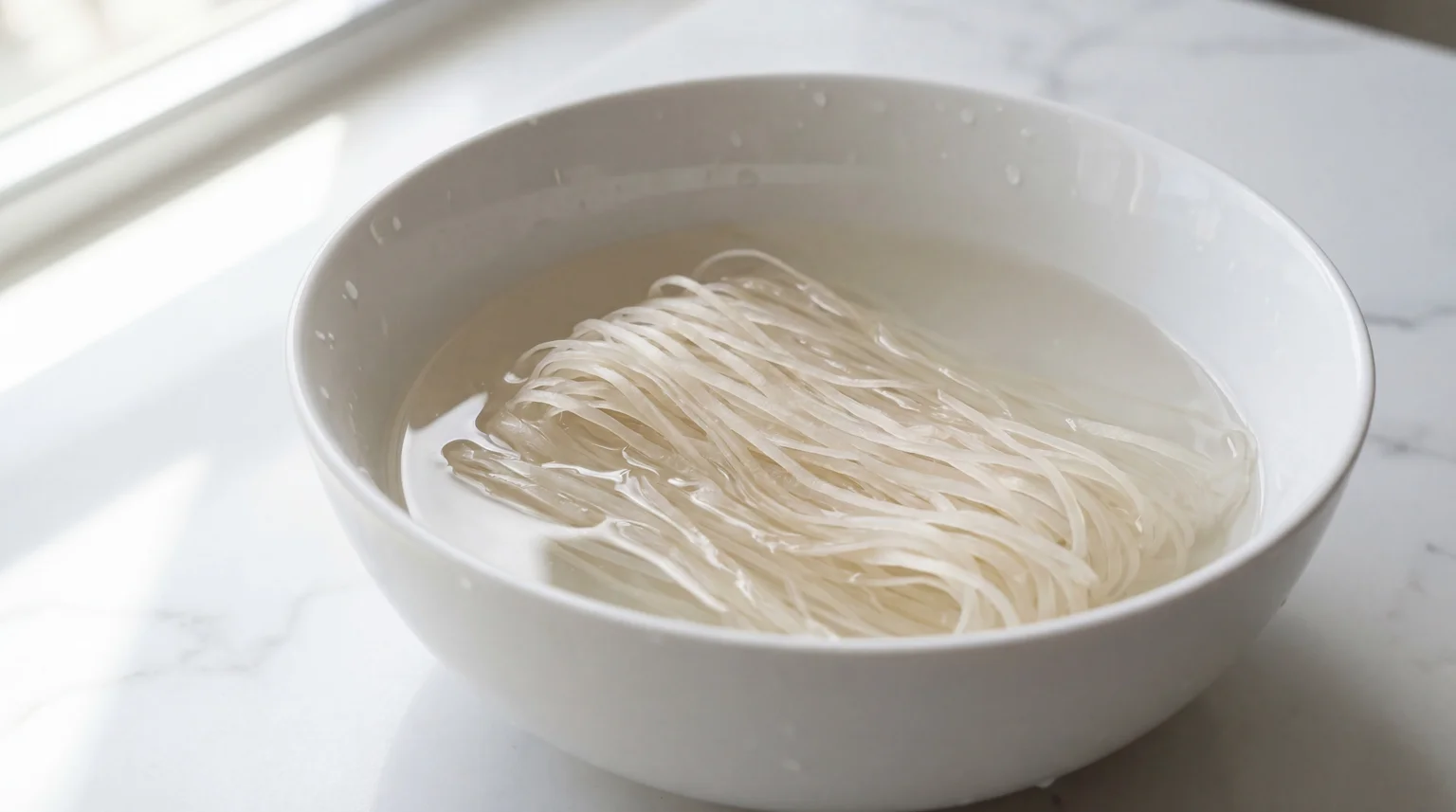 Dry rice noodles soaking in clear water in white ceramic bowl, translucent pancit bihon noodles softening for Filipino stir-fry recipe, bright natural window light