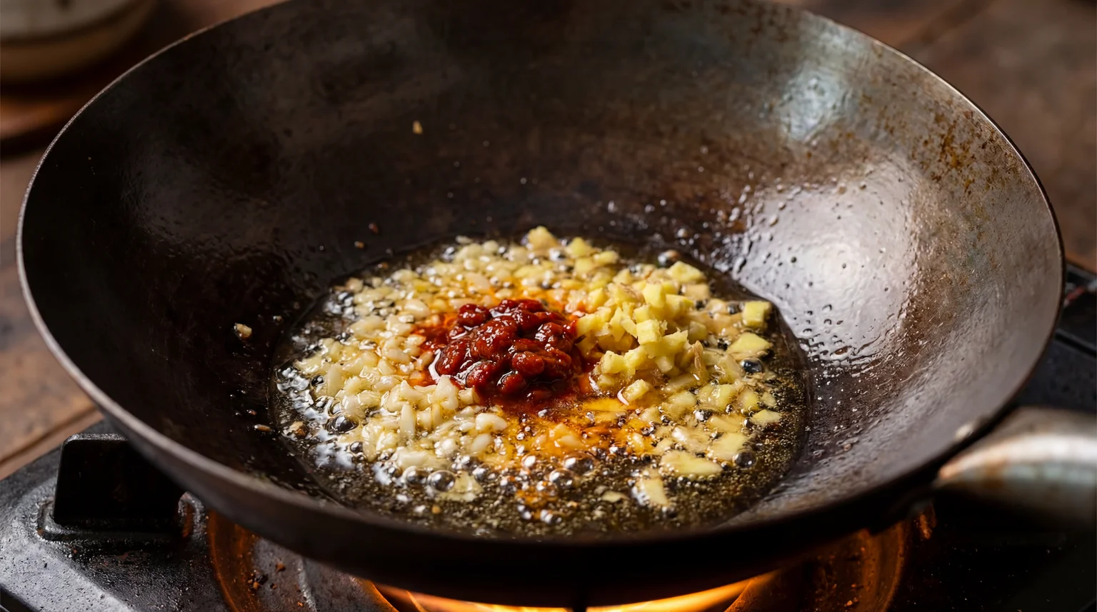 Minced garlic, ginger, and doubanjiang chili bean paste sizzling in a hot carbon steel wok over open flame