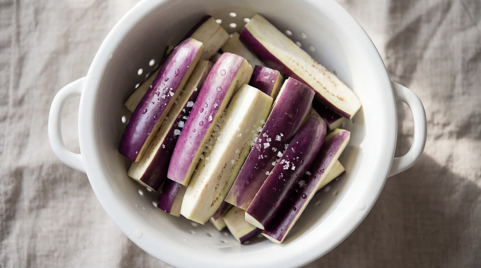 Chinese eggplant batons with sea salt in a white ceramic colander on a linen cloth