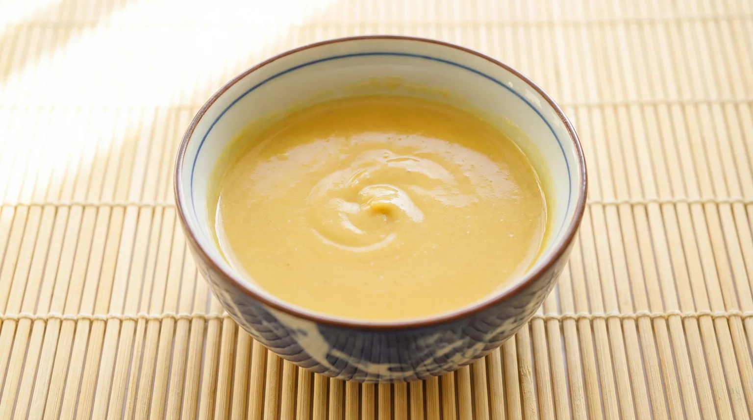 Bowl of golden oil paste (roux) for Chinese scallion pancakes, mixture of flour and sesame oil in traditional ceramic bow