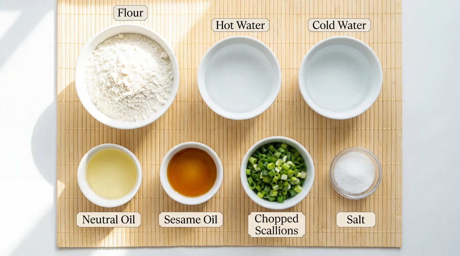 Ingredients for authentic Chinese scallion pancakes: flour, hot water, cold water, neutral oil, sesame oil, chopped scallions, and salt on bamboo mat