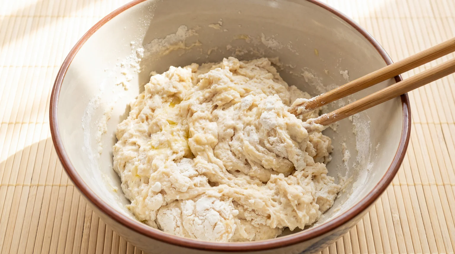 Mixing shaggy hot water dough for Chinese scallion pancakes with chopsticks in ceramic bowl, gelatinized starch technique