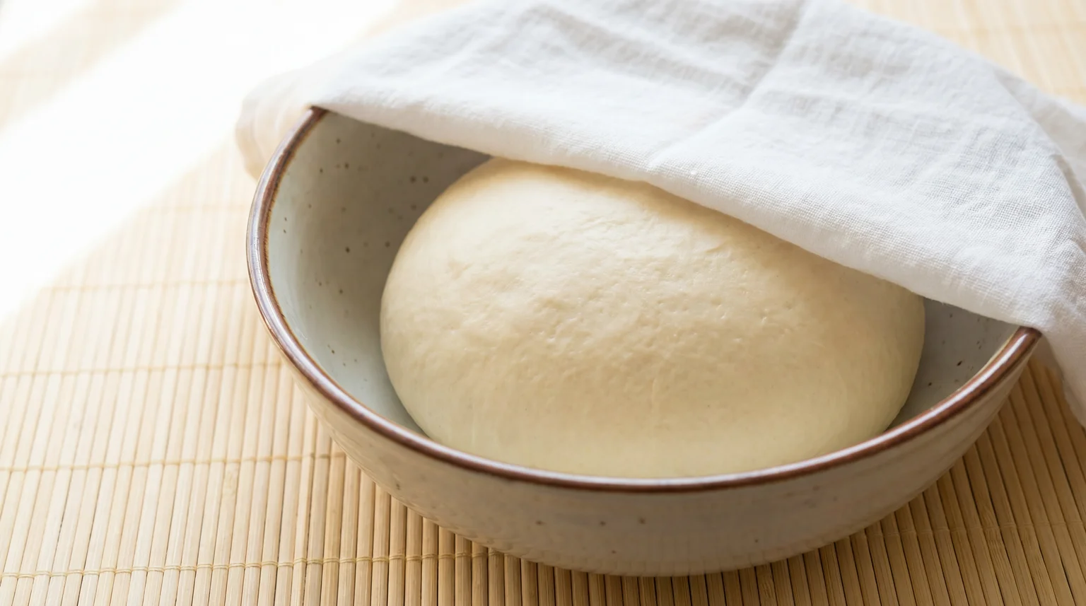 Smooth rested scallion pancake dough covered with damp cloth in ceramic bowl, gluten relaxation for easy rolling