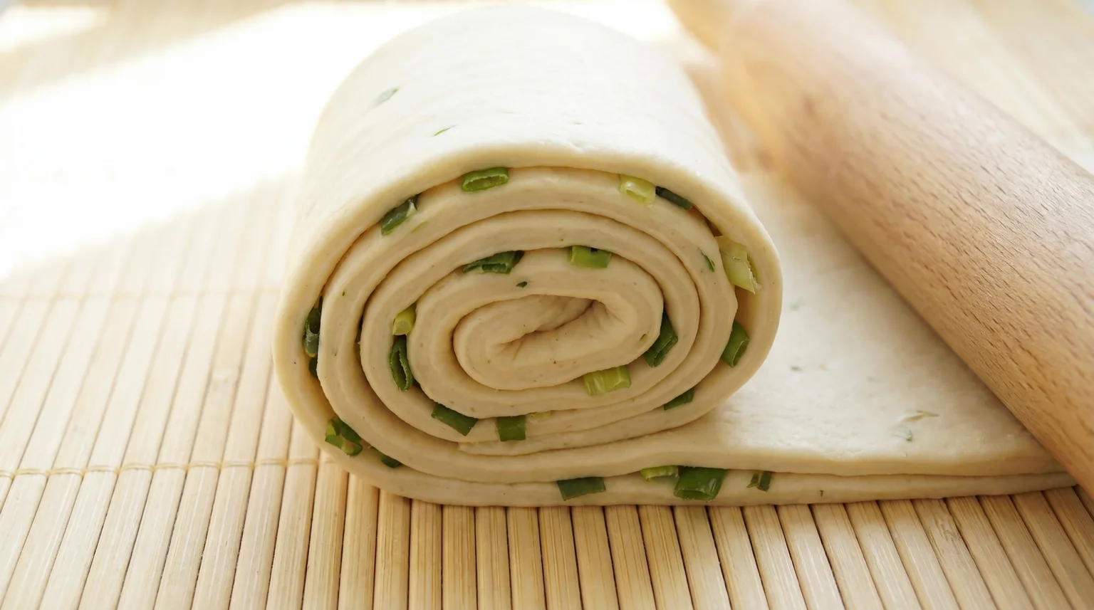 Cross-section of rolled scallion pancake dough log showing spiral layers with green onions, lamination process for authentic cong you bing
