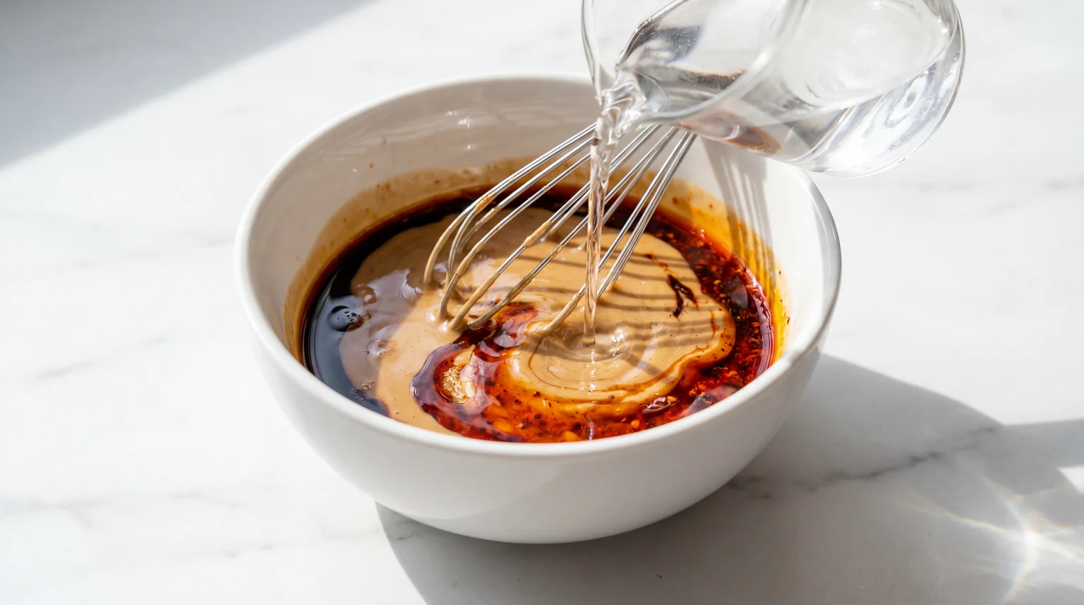 Making Dan Dan Noodles sauce: hot water being poured into white bowl with Chinese sesame paste, soy sauce, chili oil, and black vinegar with whisk — creamy Sichuan noodle sauce preparation