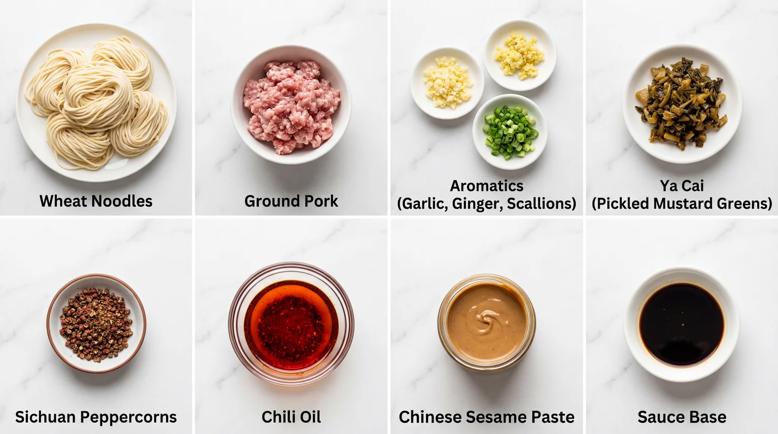 Dan Dan Noodles ingredients mise en place: wheat noodles, ground pork, garlic, ginger, scallions, Ya Cai pickled mustard greens, Sichuan peppercorns, chili oil, Chinese sesame paste, and sauce base — authentic Sichuan recipe components