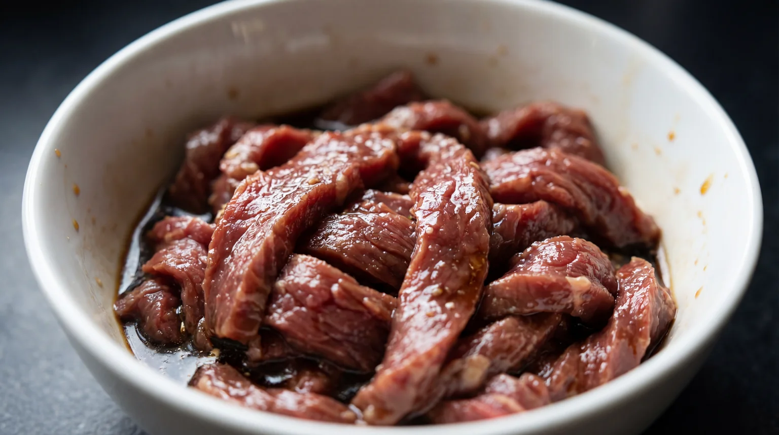 Thinly sliced flank steak marinating in soy sauce, cornstarch, baking soda and sesame oil in a white ceramic bowl, velveting technique for tender stir fry beef