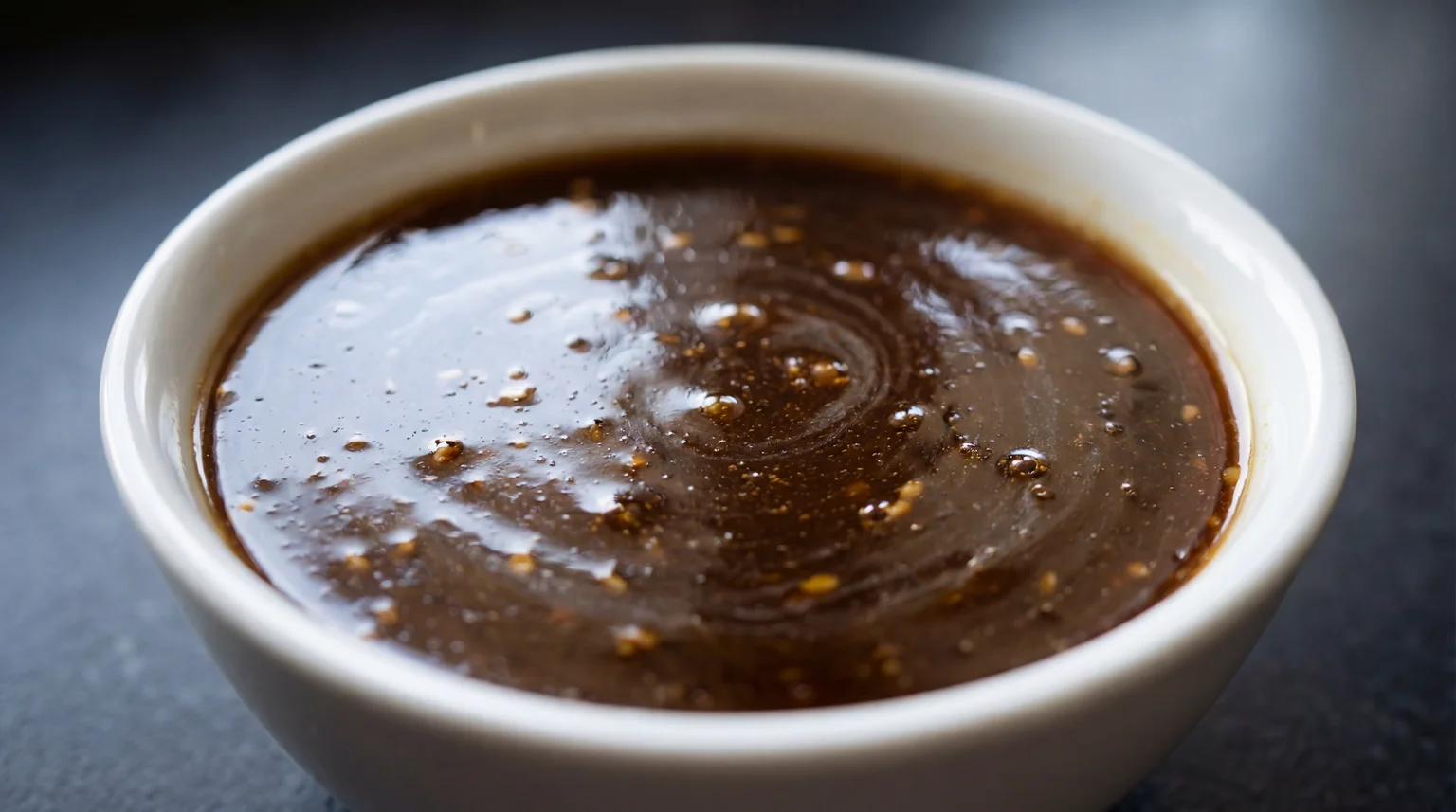 Homemade pepper steak stir fry sauce in a white ceramic bowl, glossy dark brown oyster and soy sauce mixture with sesame oil swirl on top