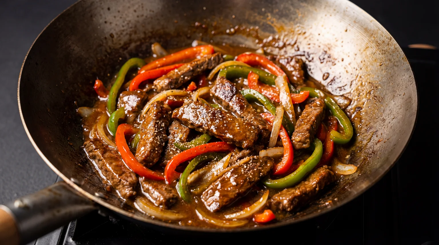 Easy Pepper Steak Stir Fry in a carbon steel wok, glossy soy-oyster sauce coating tender beef strips with red and green bell peppers and onions