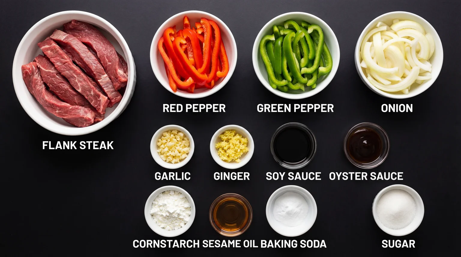  Easy Pepper Steak Stir Fry ingredients laid out in white ceramic bowls on a black surface, including flank steak, red pepper, green pepper, onion, garlic, ginger, soy sauce, oyster sauce, cornstarch, sesame oil, baking soda and sugar, each labelled