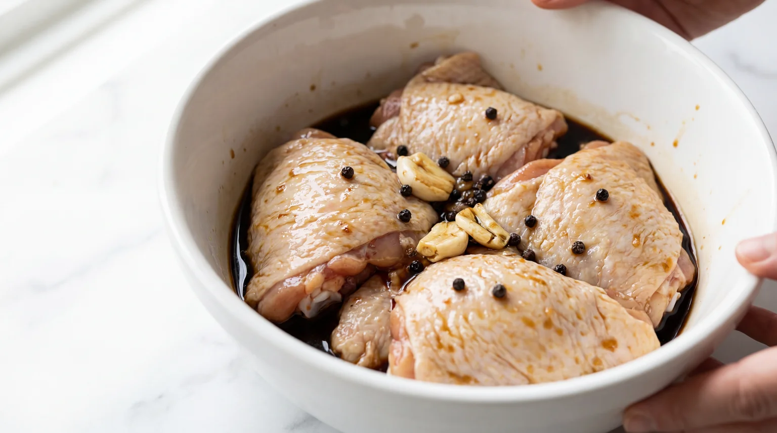 Raw chicken thighs marinating in white bowl with soy sauce, smashed garlic cloves and whole black peppercorns, hands massaging marinade into chicken, Filipino adobo preparation step