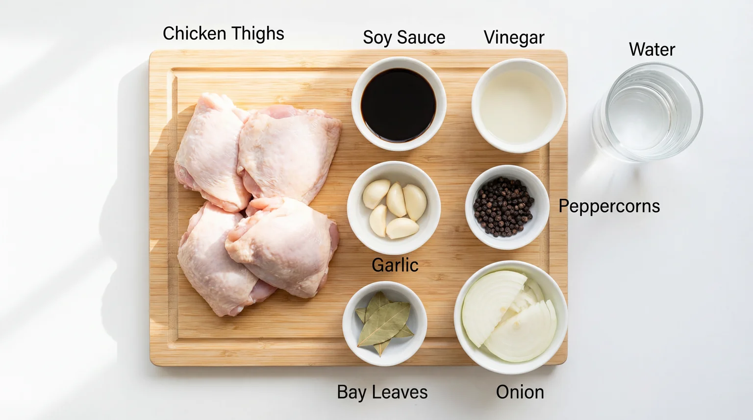 Filipino chicken adobo ingredients flat lay: raw chicken thighs, soy sauce, vinegar, garlic cloves, black peppercorns, bay leaves, sliced onion, water on bamboo cutting board, labeled mise en place