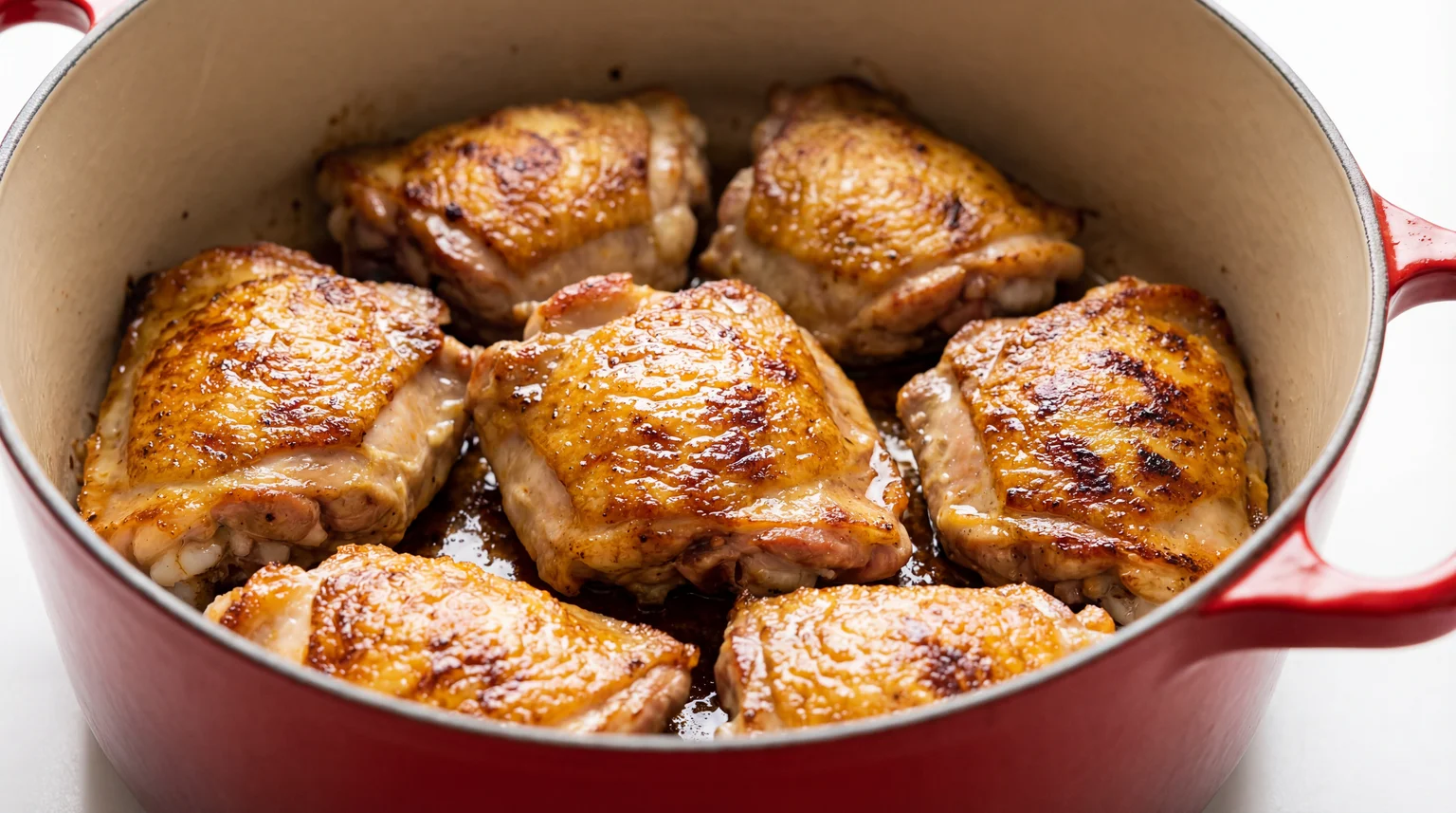 Golden brown seared chicken thighs in red Dutch oven for Filipino adobo, crispy chicken skin with rendered fat, browning meat before braising, Filipino cuisine cooking technique