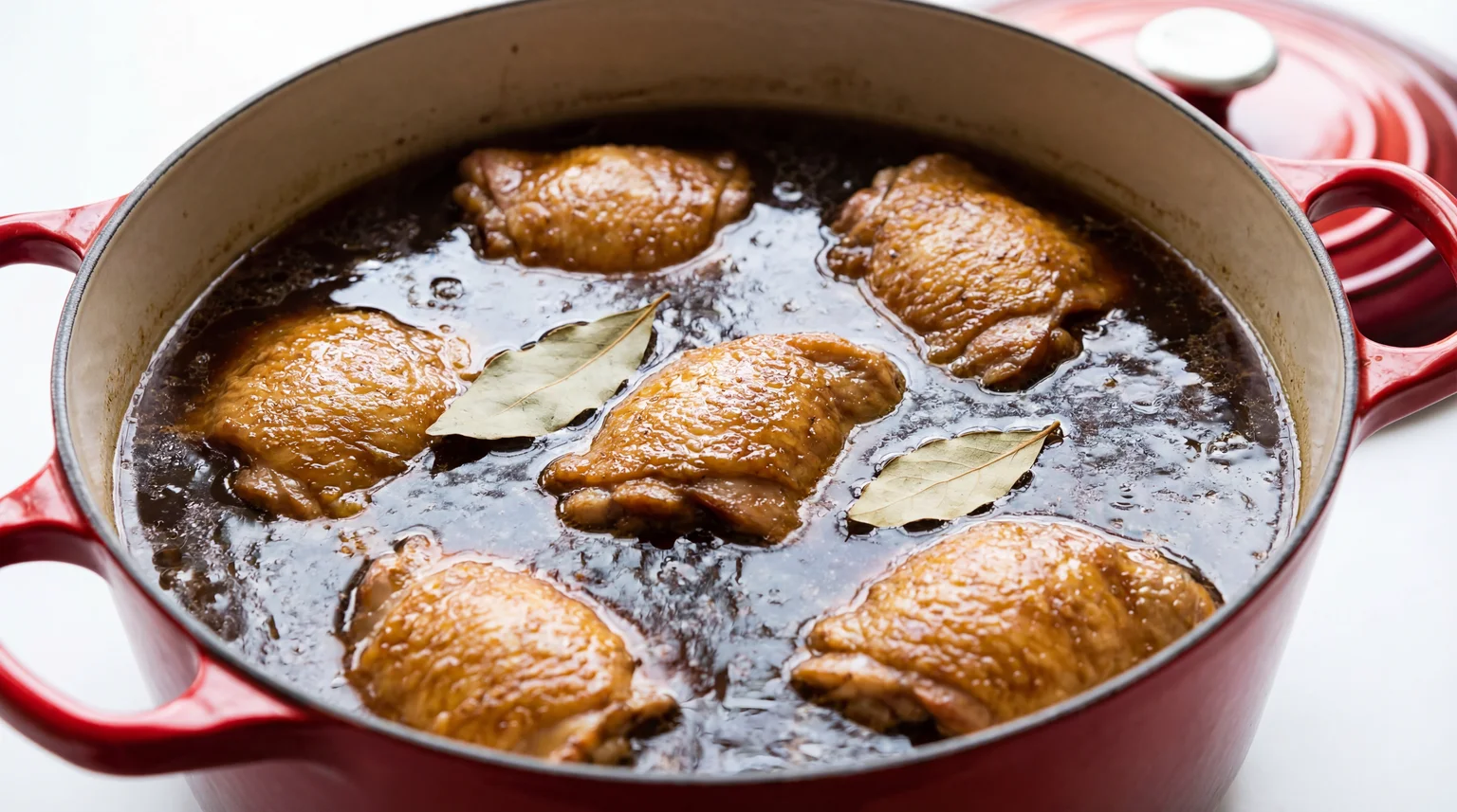 Filipino chicken adobo braising in red Dutch oven with bay leaves, chicken thighs simmering in dark soy sauce marinade, traditional Filipino cooking method, no steam