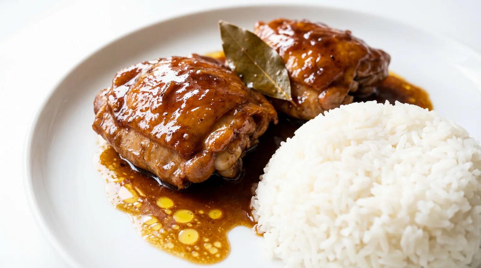 Plated Filipino chicken adobo with glossy brown sauce and golden adobo oil pooling on white dish, two tender chicken thighs served with fluffy steamed jasmine rice and bay leaf garnish