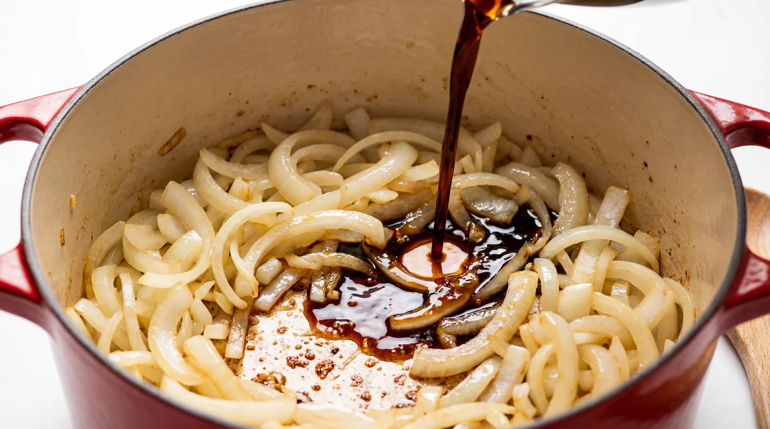 Pouring soy sauce into sautéed onions for Filipino chicken adobo, caramelized onions in red Dutch oven with dark marinade, building adobo sauce base, close-up food photography