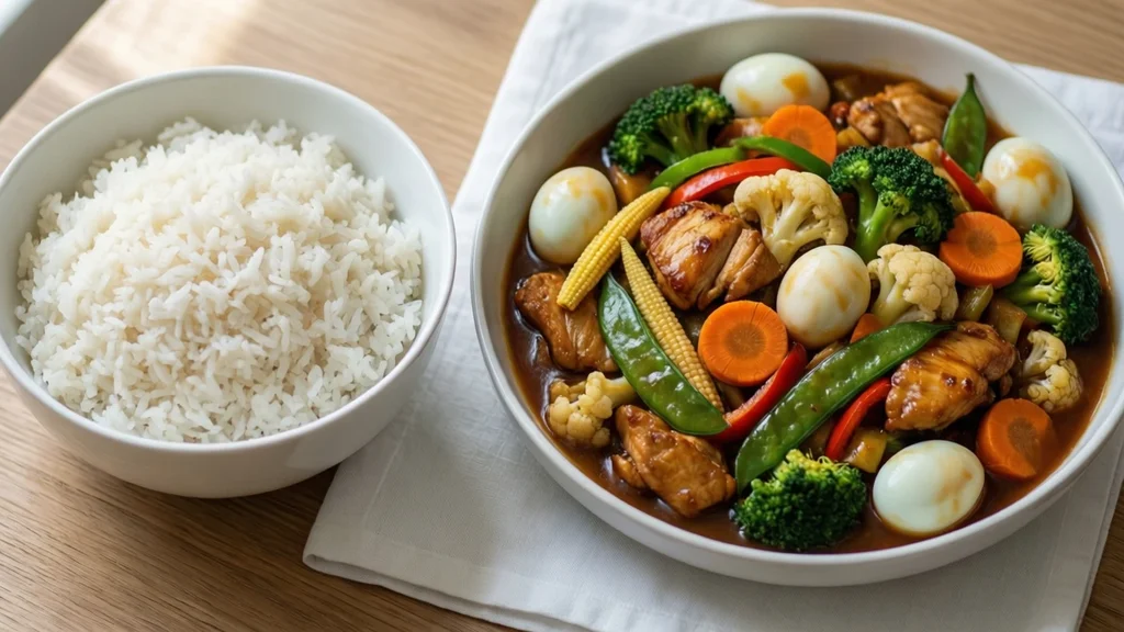 Filipino Chopsuey in a white ceramic bowl served alongside a bowl of steamed white rice on a natural wood table — a classic Pinoy weeknight meal