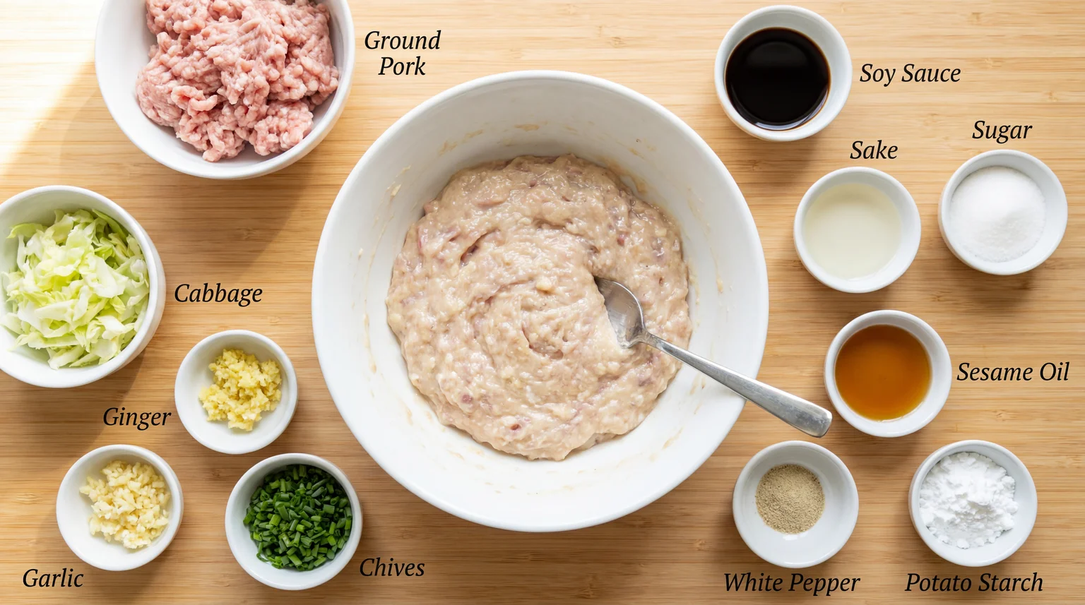 Flat lay of authentic Japanese gyoza filling ingredients: ground pork, cabbage, ginger, garlic, chives, soy sauce, sake, sesame oil, and seasonings in white bowls on wooden