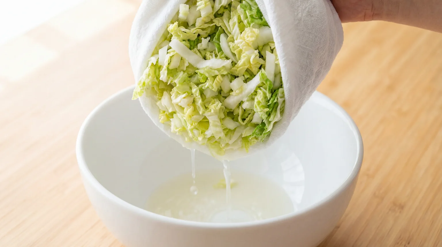 Squeezing excess liquid from salted Napa cabbage in kitchen towel for gyoza filling
