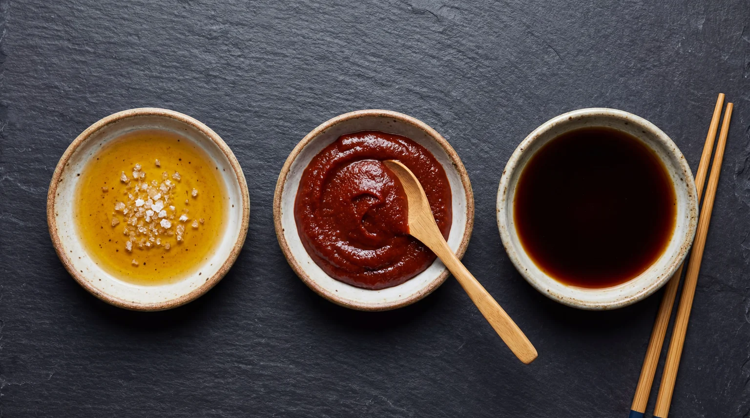 Japanese and Korean BBQ dipping sauces in ceramic bowls - sesame oil with salt, gochujang, and soy sauce with chopsticks