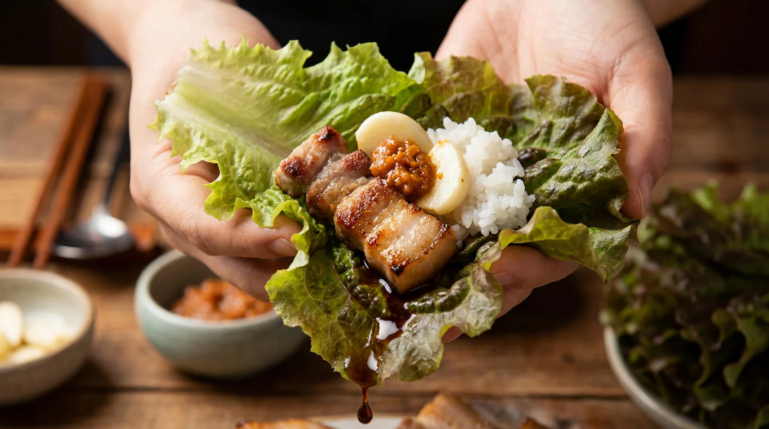 Hands holding Korean BBQ lettuce wrap ssam with grilled pork belly, rice, garlic, and ssamjang sauce