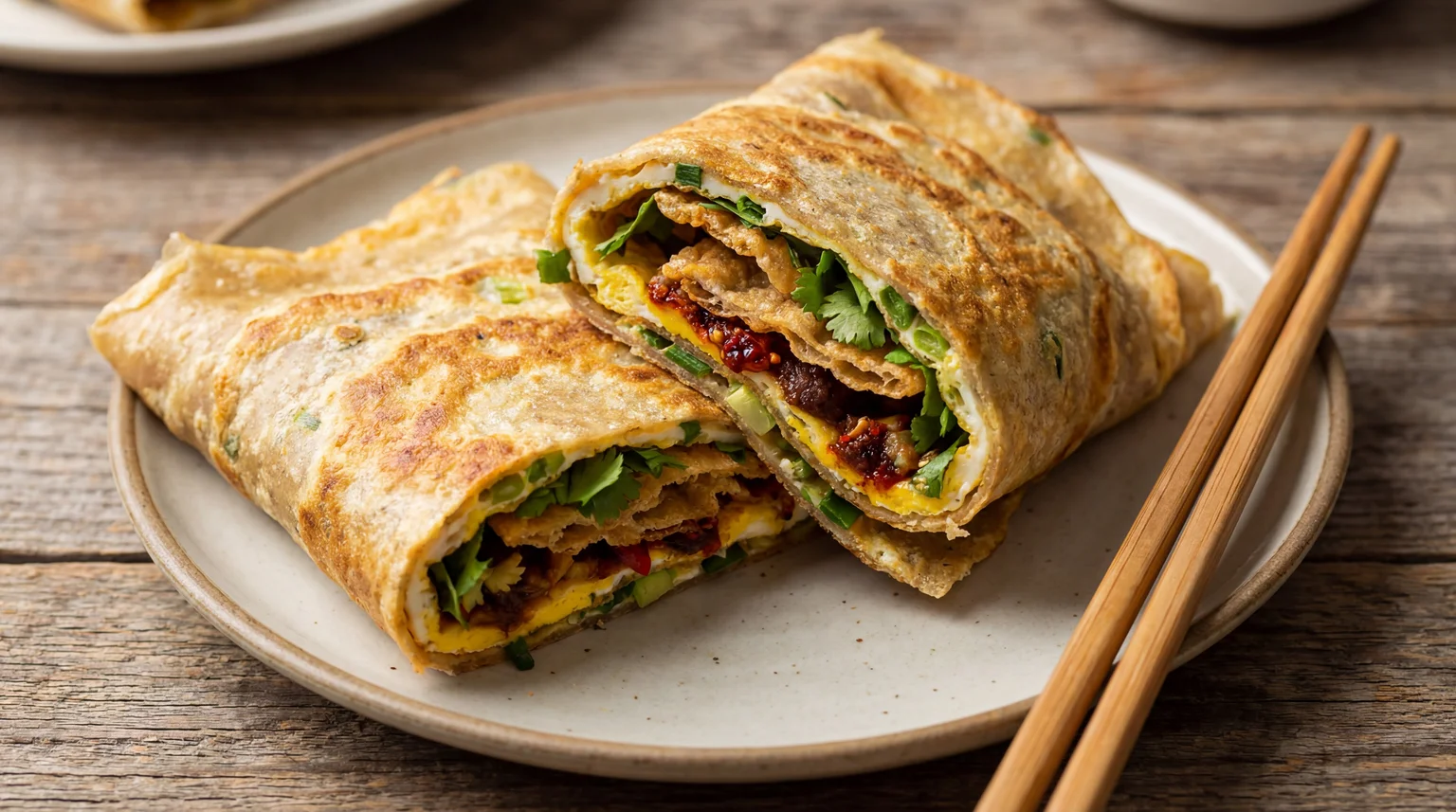 Chinese Jianbing street food crepe cut in half showing crispy fried cracker, egg, cilantro, scallions, and chili sauce filling on ceramic plate
