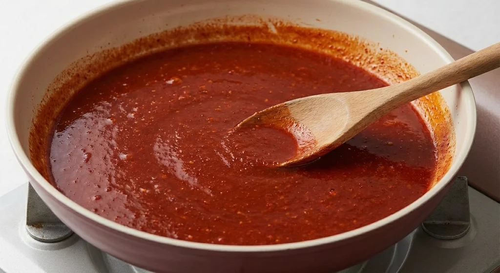 Gochujang tteokbokki sauce simmering in pan with wooden spoon, showing thick glossy red chili paste base for Korean rice cakes