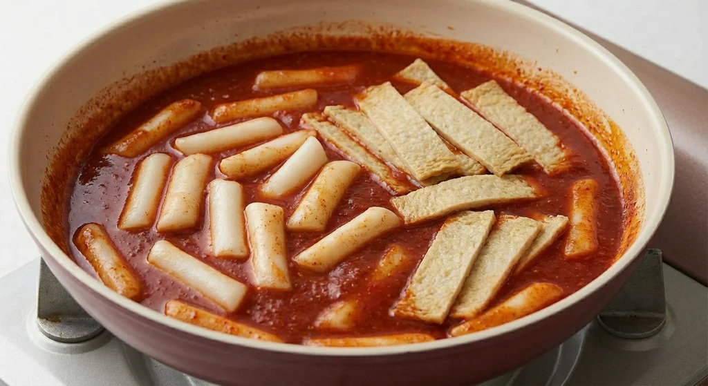 Garaetteok rice cakes and fish cakes simmering in spicy gochujang sauce in a pan, showing the cooking process for Korean tteokbokki