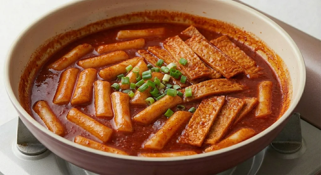Finished tteokbokki in pan with rice cakes, fish cakes, and green onion garnish simmering in thick glossy red gochujang sauce