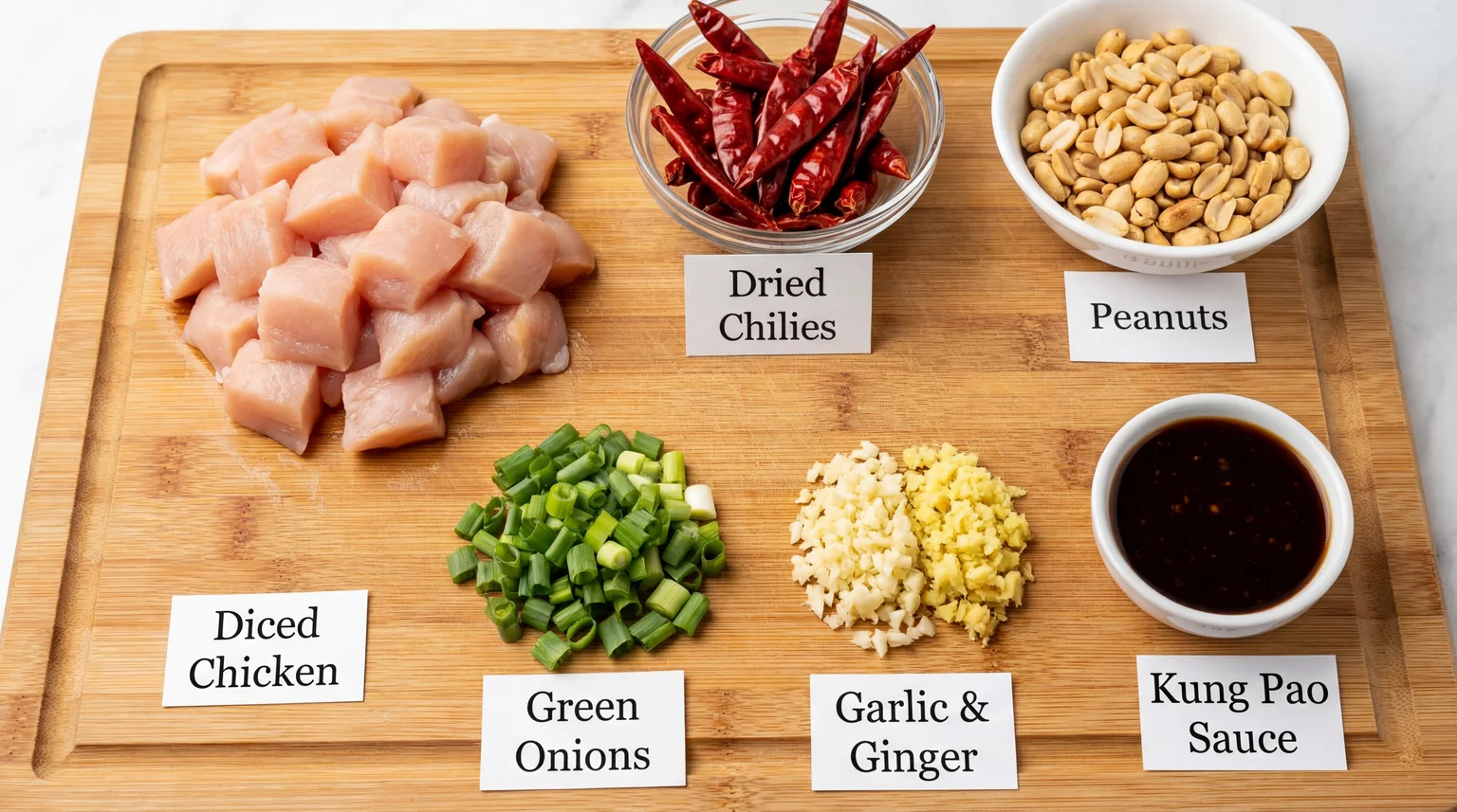 Mise en place ingredients for authentic Kung Pao Chicken on bamboo cutting board: diced chicken, dried red chilies, roasted peanuts, green onions, garlic, ginger, and Kung Pao sauce