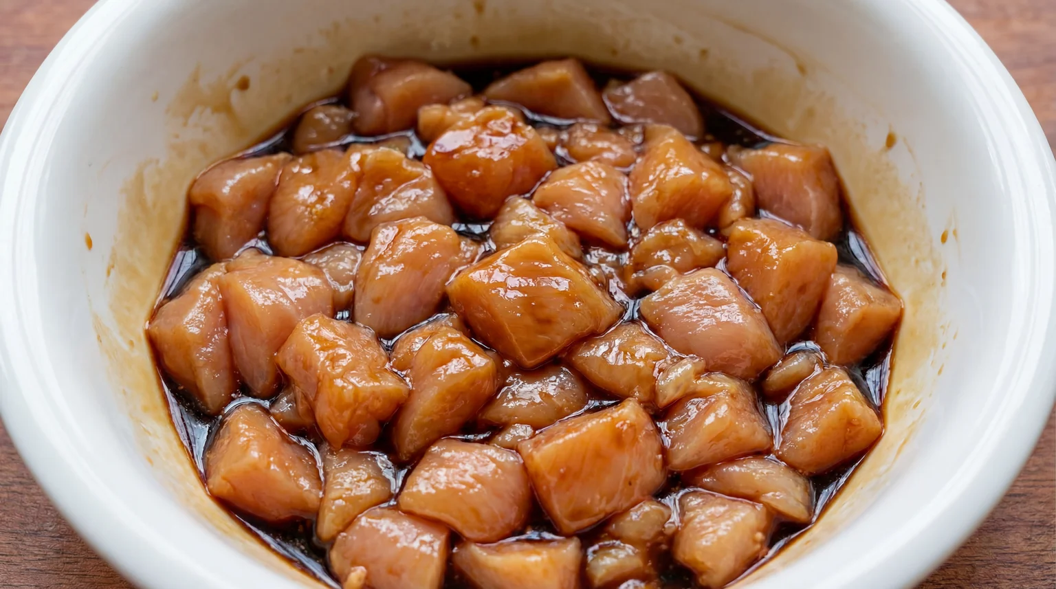 Chicken cubes marinating in soy sauce and Shaoxing wine for Kung Pao Chicken, showing velveting technique with glossy coating