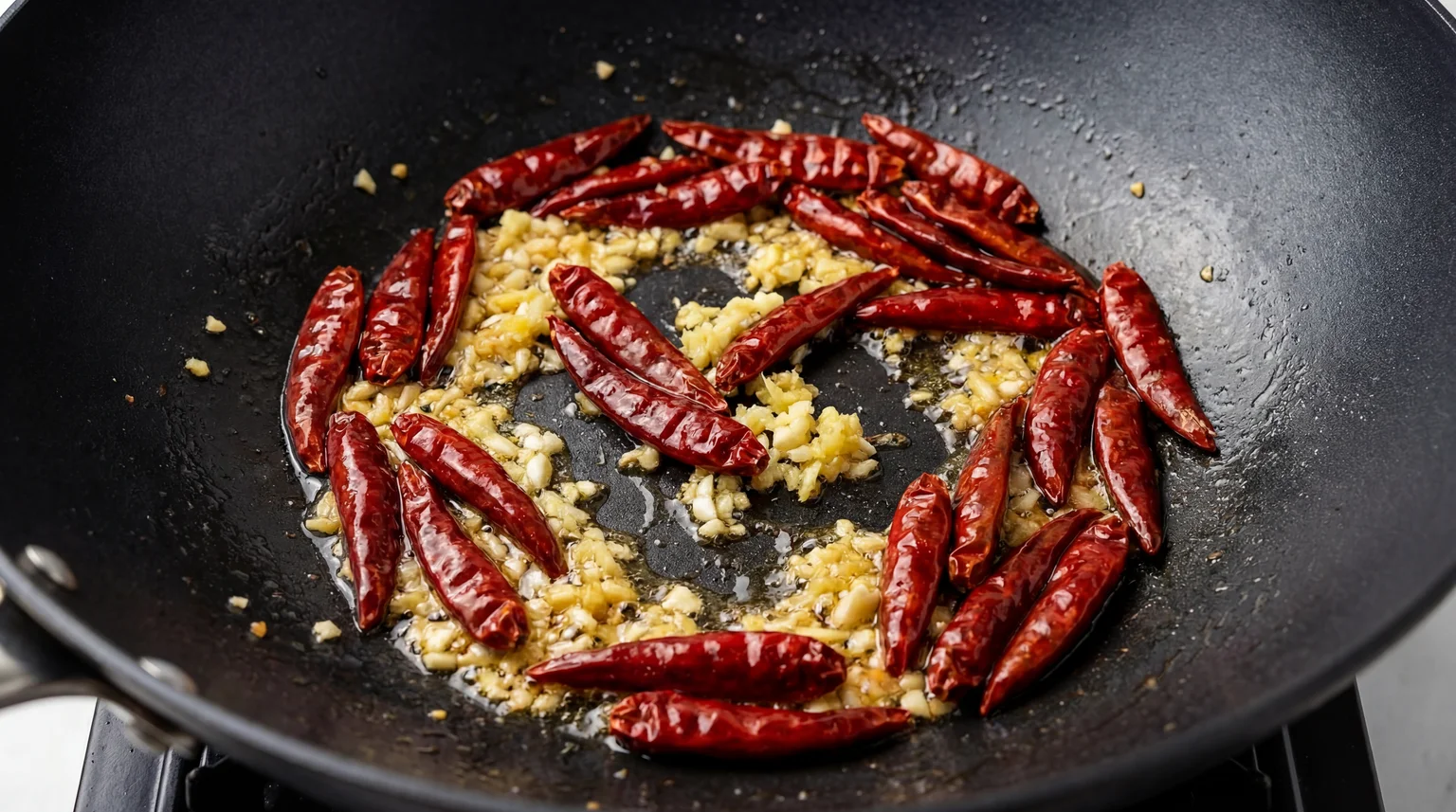 Infusing oil with dried red chilies, garlic, and ginger in carbon steel wok for authentic Kung Pao Chicken Ma-La base