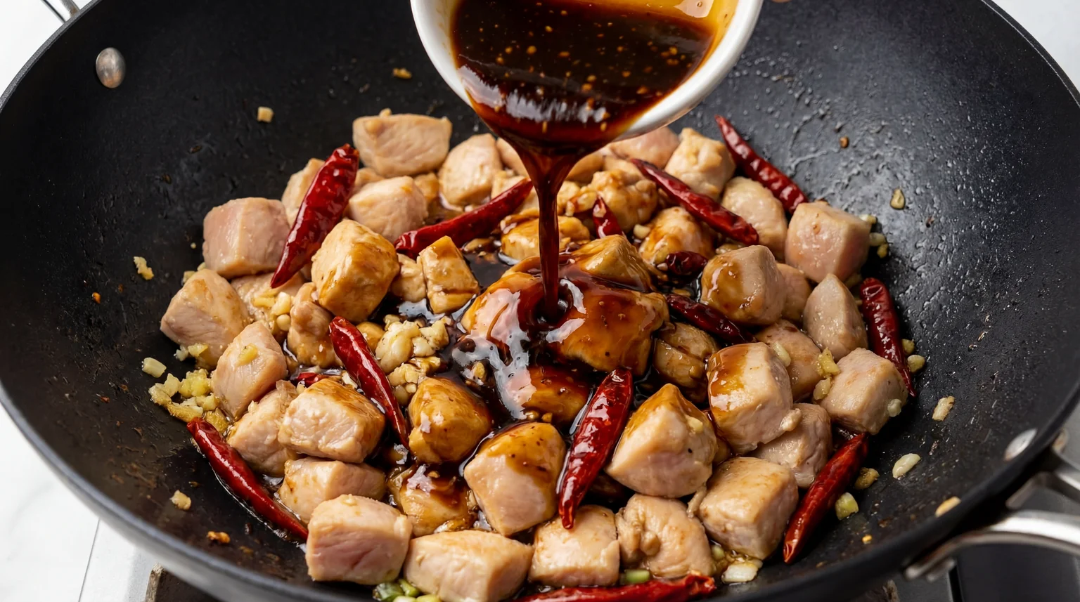 Pouring Kung Pao sauce over seared chicken and dried chilies in wok to create glossy lychee-flavored glaze