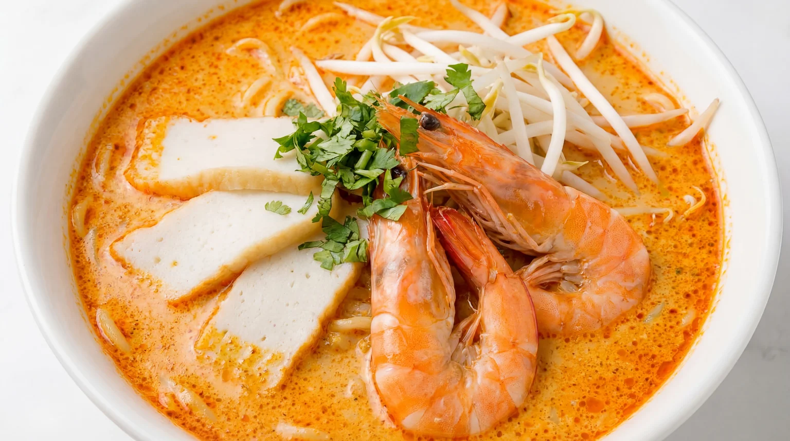 : Bowl of Malaysian Curry Laksa with coconut broth, prawns, and noodles.
