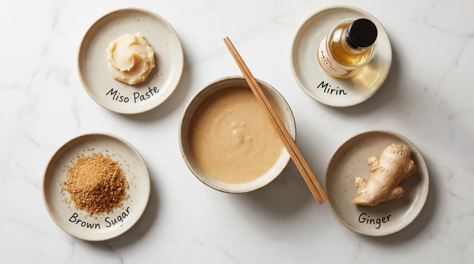 Flat lay of miso table sauce ingredients including miso paste, mirin, brown sugar, and fresh ginger on marble countertop with finished sauce bowl
