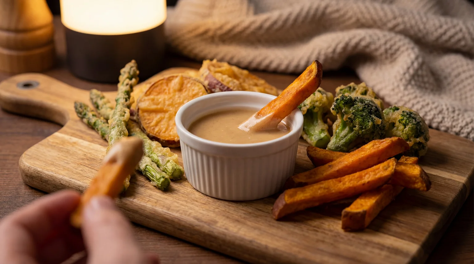 Sweet potato fries and tempura vegetables being dipped into miso table sauce on a wooden serving board, demonstrating versatile appetizer pairing