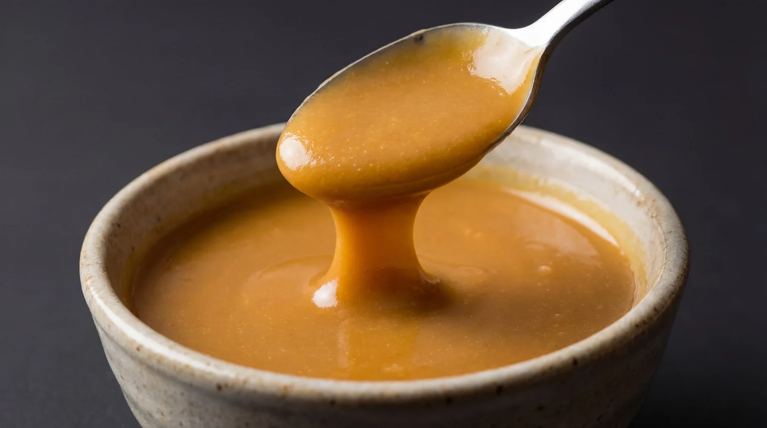 Close-up of smooth golden miso table sauce on a spoon highlighting its velvety consistency and rich umami color