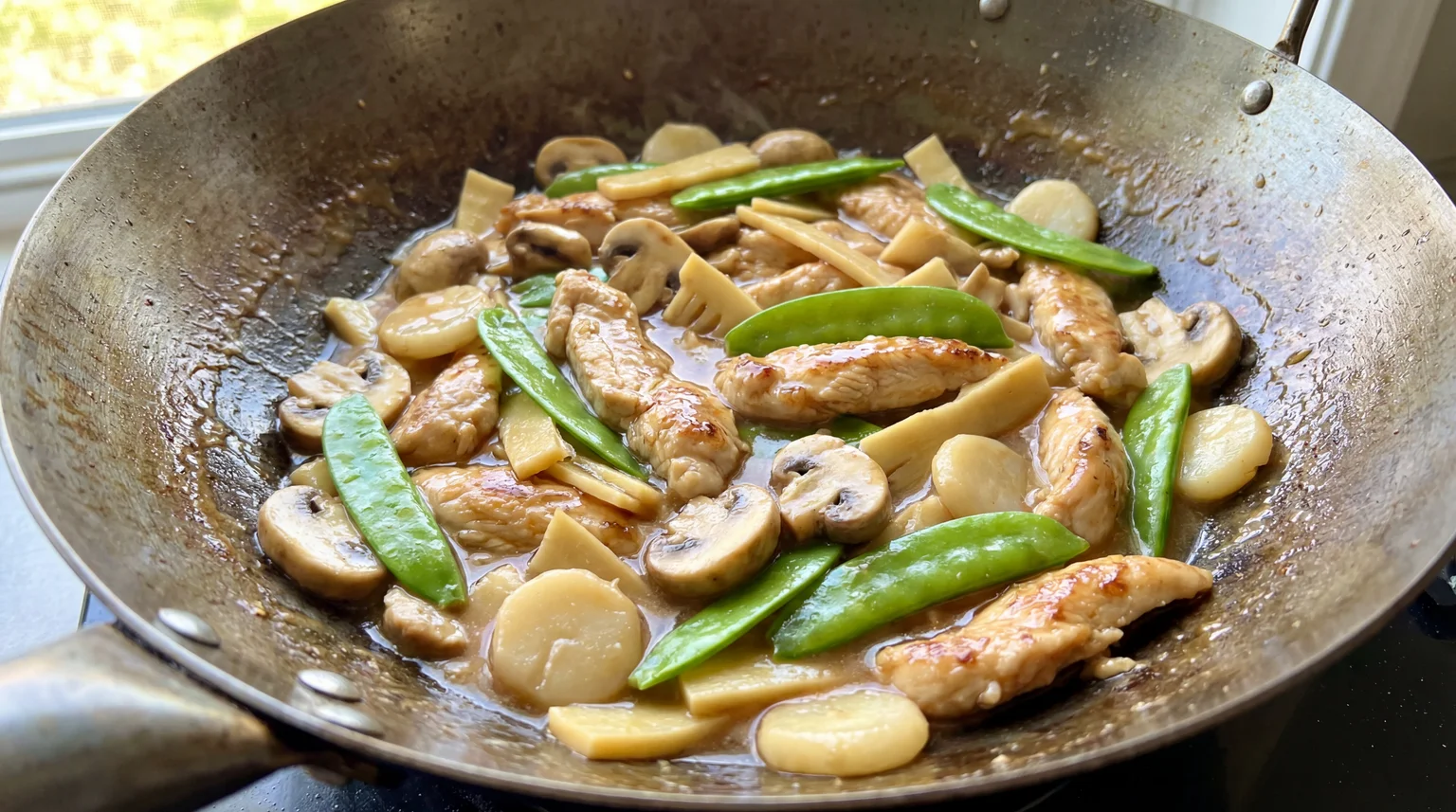 Combining seared chicken and vegetables with glossy white sauce in carbon steel wok for Moo Goo Gai Pan