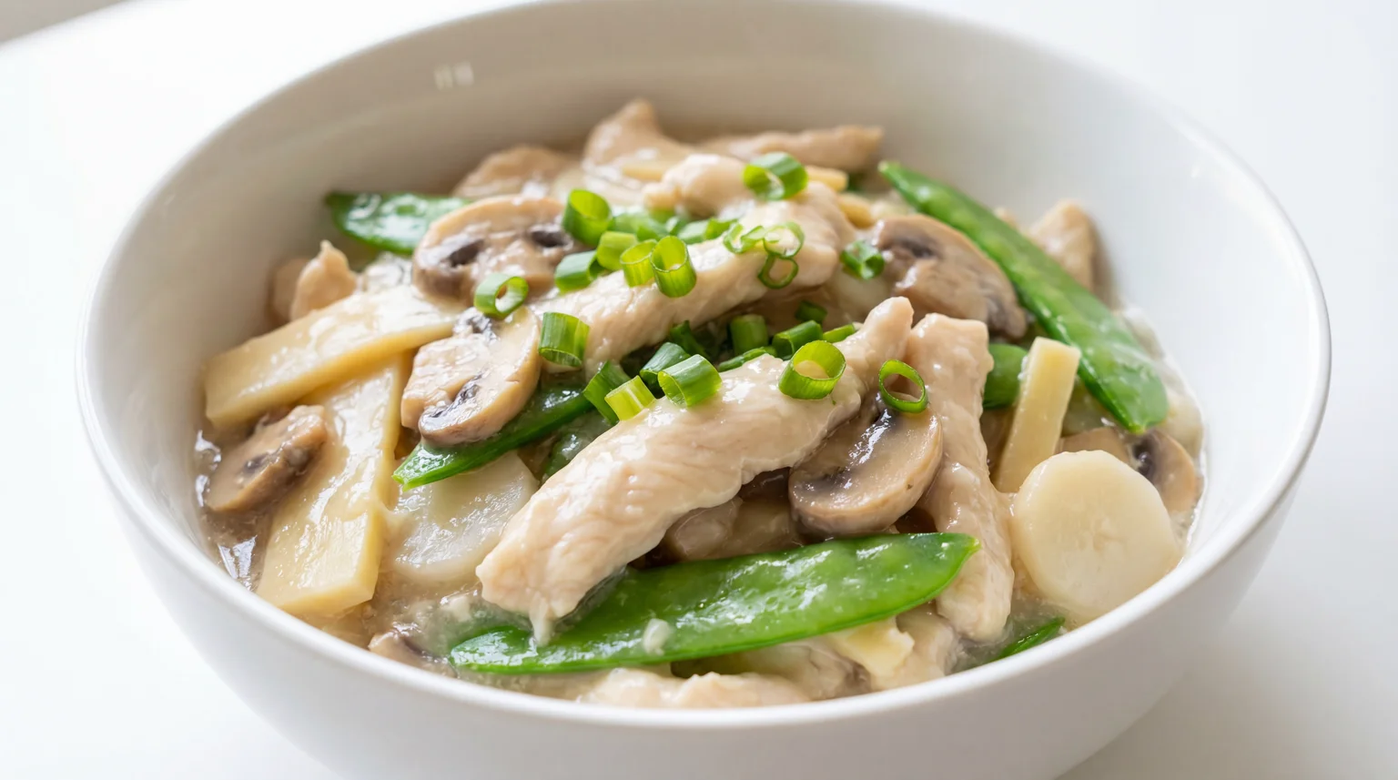 Moo Goo Gai Pan in white bowl with tender chicken strips, mushrooms, snow peas, bamboo shoots, and water chestnuts in glossy white sauce, garnished with green onions