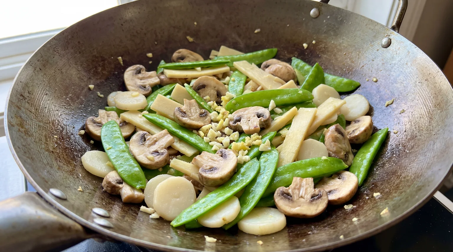 Stir-frying mushrooms, snow peas, bamboo shoots, and water chestnuts with garlic and ginger in carbon steel wok for Moo Goo Gai Pan