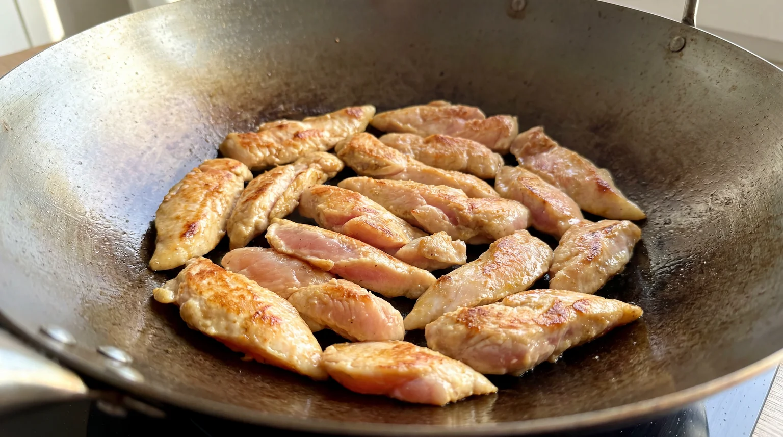 Velveted chicken strips searing in carbon steel wok for Moo Goo Gai Pan, golden brown edges with slightly pink centers Why it works: