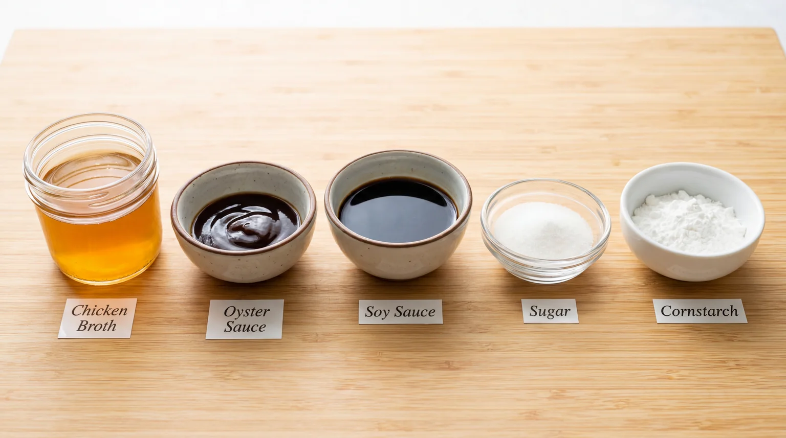 Moo Goo Gai Pan sauce ingredients in small bowls: chicken broth, oyster sauce, soy sauce, sugar, and cornstarch arranged on bamboo surface